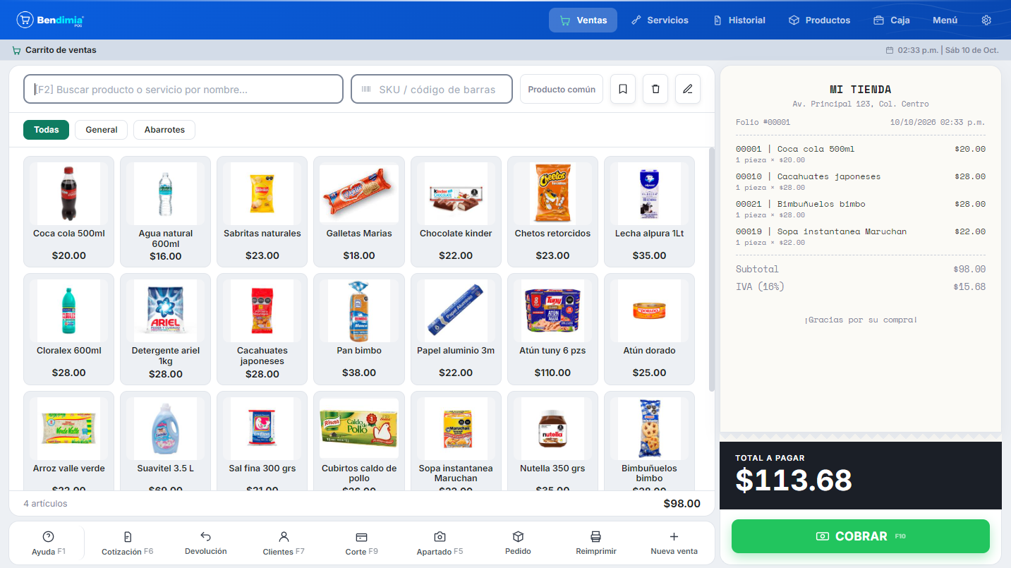 Catálogo visual real de productos dentro del punto de venta Bendimia