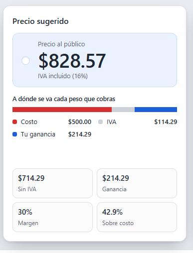 Resultado de precio sugerido en la calculadora de Bendimia